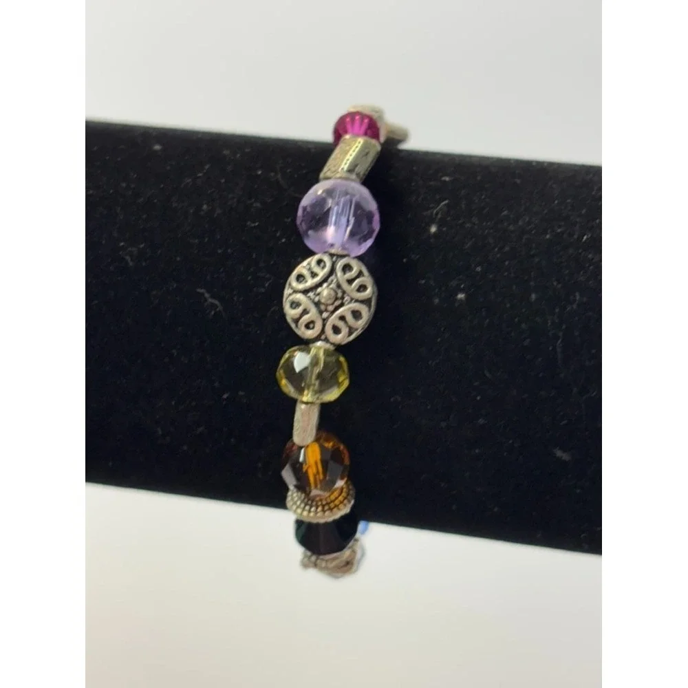 Y2K Charm Bracelet Silver Tone Purple‎ Green Yellow Beads Cross Crucifix